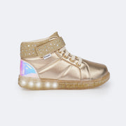 Tênis de Led Cano Médio Infantil Pampili Sneaker Luz Holográfico Dourado - lateral tênis infantil dourado