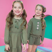 Conjunto Infantil Kukiê Moletom Relevo Carinhas Divertidas Verde - coleção inverno menina