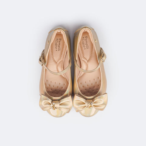 Sapato Infantil Feminino Pampili Angel Laço Strass Holográfico Dourado - sapatilha palmilha confortável