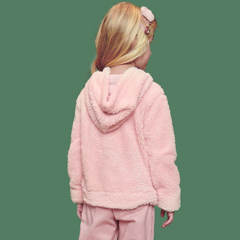 Blusa Infantil Kukiê Soft com Capuz Rosa Bebê - costas da blusa com capuz na menina