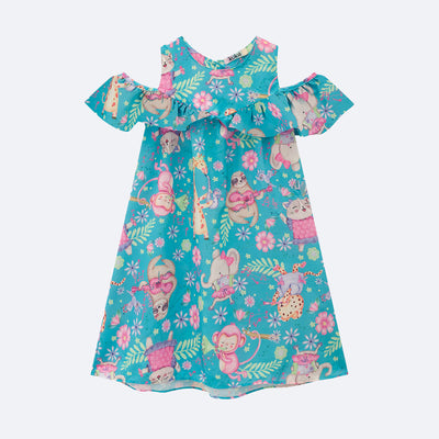 Vestido Infantil Kukiê com Babado Floral e Animais Azul - frente do vestido infantil leve
