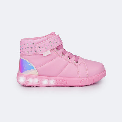 Tênis de Led Cano Médio Infantil Pampili Sneaker Luz Holográfico Rosa Bale - lateral tênis de led rosa