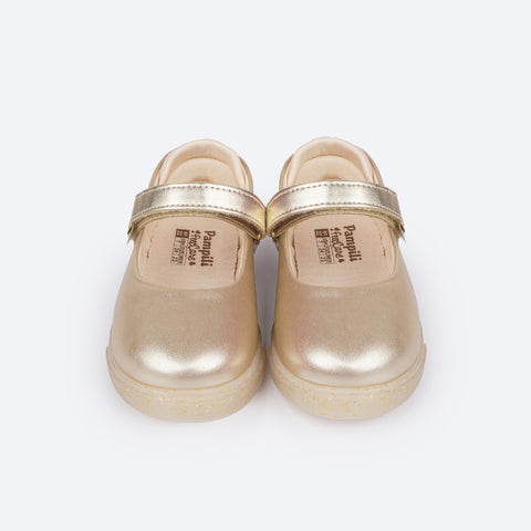 Tênis Infantil Feminino Pampili Pom Pom Glitter Dourado e Nude - frente do tênis infantil 