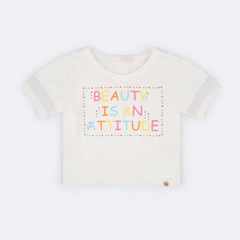 Camiseta Infantil Feminina Pampili Attitude Tachas Coloridas Off White  - frente da camiseta com estampa colorida 