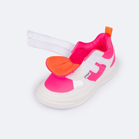 Tênis Infantil Feminino Pampili XP 21 Calce Fácil Velcro Branco e Pink Fluor - tênis aberto para calce.jpg