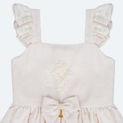 Vestido de Bebê Roana Babado Laço e Pérola Marfim - Detalhes Frontais