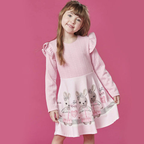 Vestido Infantil Kukiê Manga Longa Tricot e Strass Rosa - frente do vestido na menina