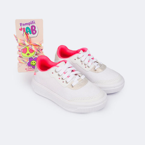 Tênis Infantil Feminino Pampili LAB Glitter Branco e Pink Flúor - tênis e acessórios