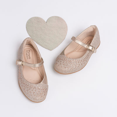 Sapatilha Infantil Bailarina Strass Glitter Fino Dourada.