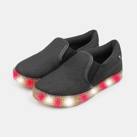 Slip On De Led Infantil Pampili Luna Em Glitter Preto Com Dourado - pampili